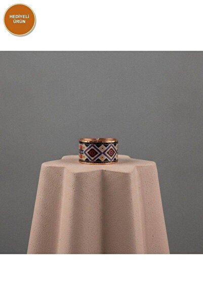 Erol Bakır Copper Gray Red Diamond Pattern Wide Adjustable Ring |   100% Hand...