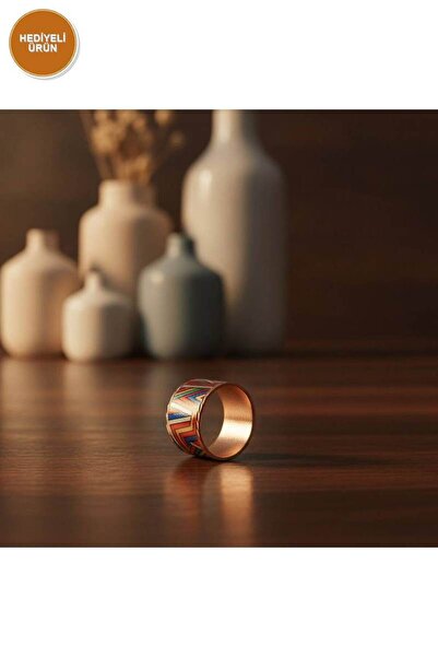 Erol Bakır Copper Red Navy Blue Triangle Patterned Wide Form Adjustable Ring ...