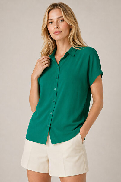 Nuevo Green Women's Short Sleeve Buttoned Comfortable Cut Stylish Shirt -