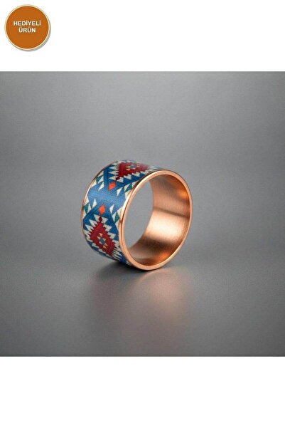 Erol Bakır Copper Blue Red Ethnic Floral Pattern Wide Form Adjustable Ring | ...