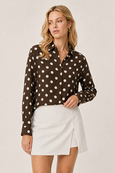 Nuevo Brown Polka Dot Women's Shirt Long Sleeve Patterned Stylish Shirt