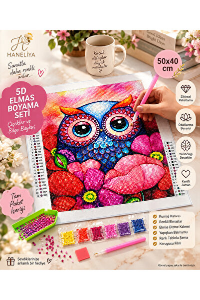 Haneliya Çiçekler ve Bilge Baykuş - 5D Diamond Painting - Elmas Mozaik Tablo ...