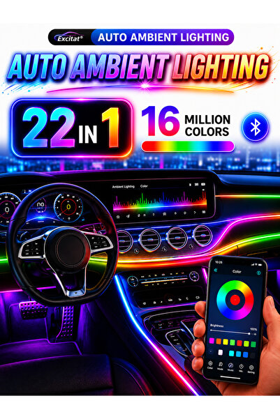 Excitat Lumini Ambientale Auto 22 in 1, Excitat®, Sistem de iluminare ambient...