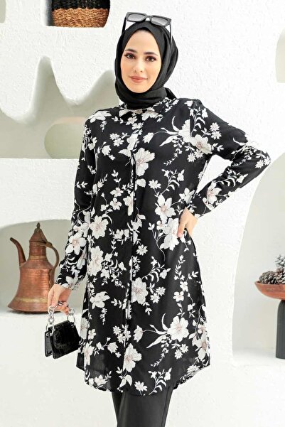 Neva Style Patterned Black Hijab Viscose Tunic 11554S