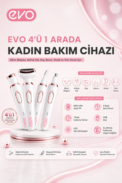 Evo Kadın Tıraş Cihazı 4'lü Set- Bikini Koltuk Altı Kulak Burun Kaş Yüz Tüm v...