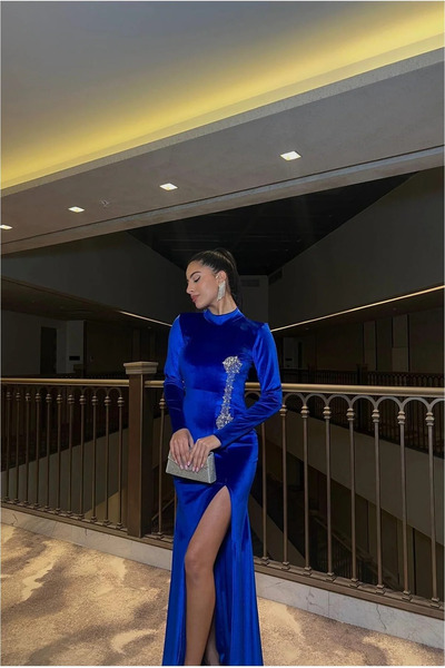SS HOME CONCEPT Women's Casual V-Neck Stone Detailed Long Sleeve Evening Dress