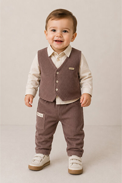 MixMax Bebe Baby Boy Long Sleeve Shirt Velvet Jacket-Pants 3-Piece Premium Set