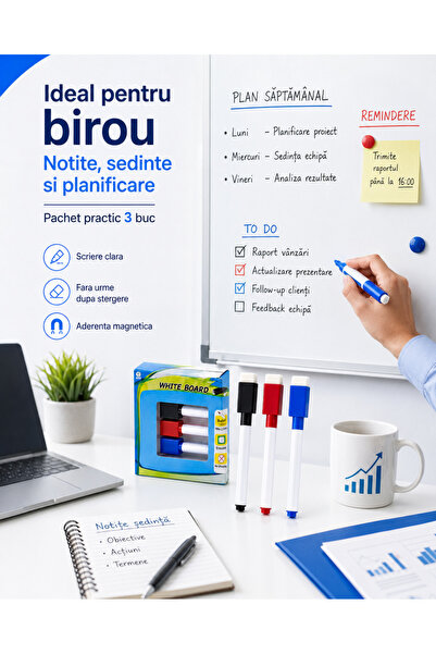 Generic Brand Set 3 Markere pentru Tablă Albă, Negru Roșu și Albastru, cu Burete pentru Ștergere Integrat, Reutilizabile