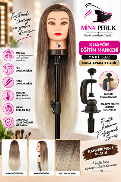 Mina Peruk Kuaför Eğitim Mankeni - Yaki + Masa Aparatı - Kahverengi / Platin