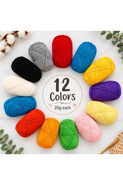 en store 4 Ply Milk Cotton Yarn Set, 12 Colors x 20g, Soft 60% Cotton 40% Acr...