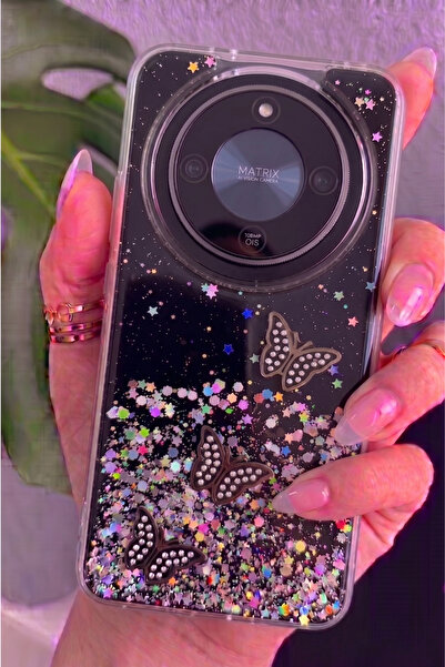 Rivor Honor Magic 8 Lite Uyumlu Kılıf Kamera Çıkıntılı Simli Kelebek Kabartma...