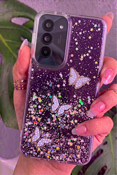 Rivor Tecno Spark 40 Pro Uyumlu Kılıf Kamera Çıkıntılı Simli Kelebek Kabartma...