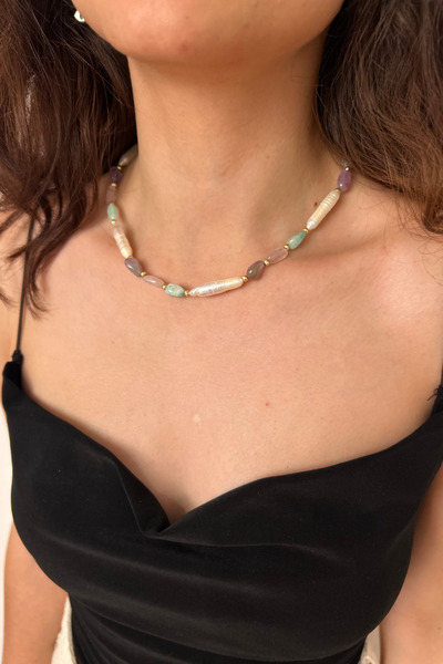 Suerte Accessories Tımbıl Ametist Pembe Kuvars Amazonit Doğal Taş Barok İnci ...