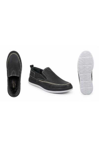 Growish Gr0542 Genuine Nubuck Leather Stitching and Straw Appearance Daily Comfortable Use Black Men's Casual Shoes