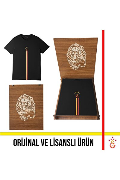 Galatasaray Licensed 5 Star Detailed Black T-Shirt with Lion Wooden Box E251398