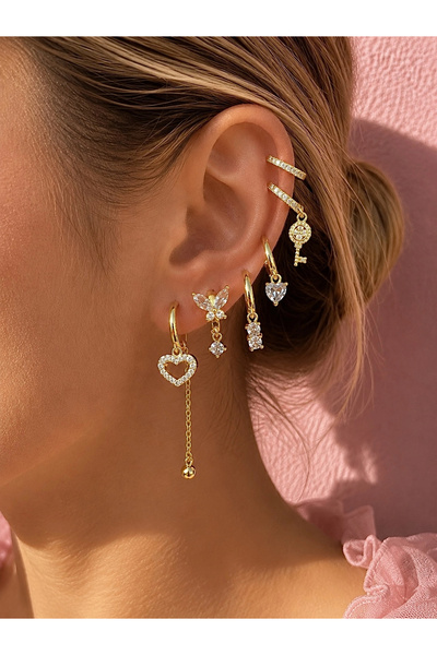 h&b design jewel Gold White Heart Detailed 6-Piece Earring Set