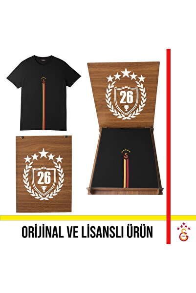 Galatasaray Lisanslı 5 Yıldız Detaylı Siyah T-Shirt 26 Şampiyonluk Ahşap Kutu...