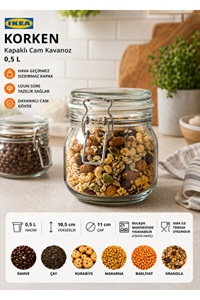 IKEA TREV Kapaklı Cam Kavanoz 0.5 LT Vakumlu Contalı Sızdırmaz Hava Geçirmez ...