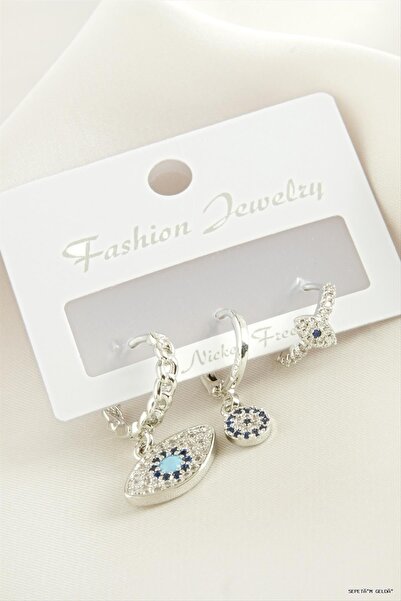 ZERO LAND Spt-Gld 3 Pieces Oval Evil Eye Zircon Stone Earrings (45754) Silver...