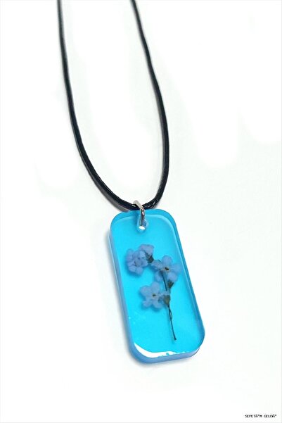 ZERO LAND Spt-Gld Forget-Me-Not Flower Rectangular Epoxy (41640) Pendant Blue