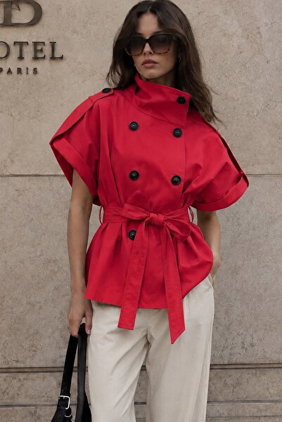 Trendsensin Lorven Kadın Kısa Kollu Kemerli Çift Düğmeli Oversize Trençkot Ceket