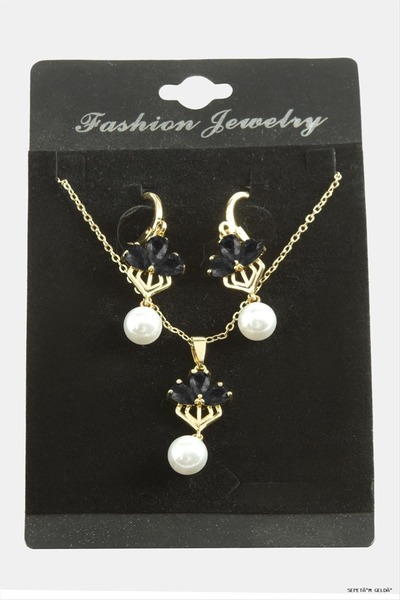 ZERO LAND Spt-Gld Flower Pearl Zircon Stone Set (53005) Necklace Black