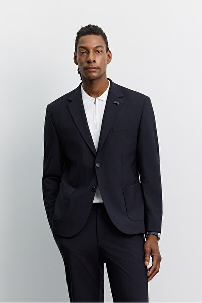 Avva Men's Navy Blue Mono Closure, Pocket Technical Classic Jacket A62Y4009
