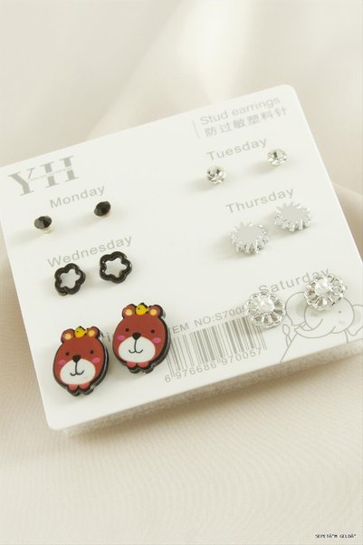 ZERO LAND Spt-Gld 12 Pieces Dog Metal Stone Earrings (55513) Silver Color