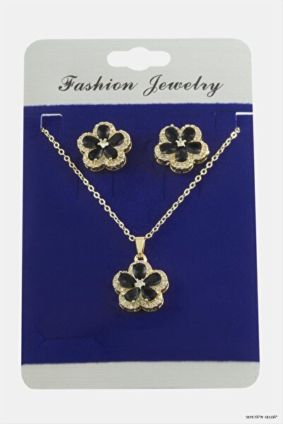 ZERO LAND Spt-Gld Flower Zircon Stone Set (50338) Necklace Black