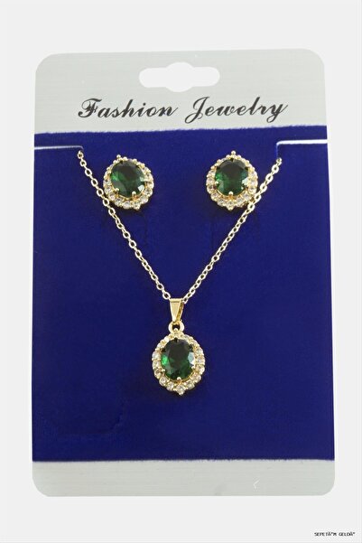ZERO LAND Spt-Gld Oval Zircon Stone Set (53016) Necklace Green