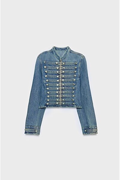 Atelier CONTEMPO Kadın Metal Düğme Detaylı Aplikeli Napolyon Denim Ceket