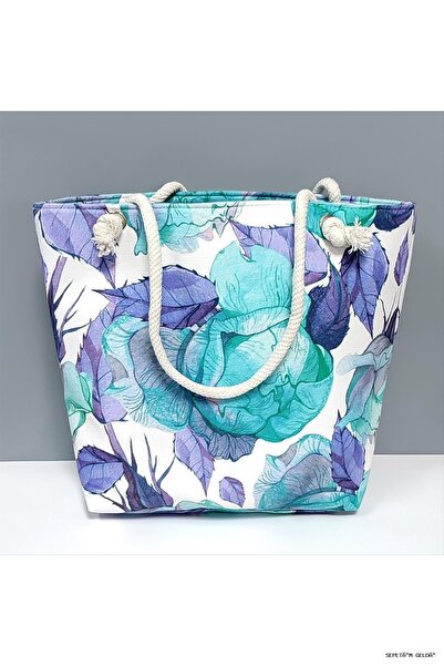 ZERO LAND Spt-Gld Leaf Patterned Beach Bag (53904) Water Green