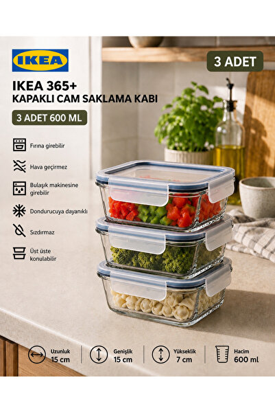 IKEA TREV 3 Adet 600 ML Cam Saklama Kabı Kare Vakumlu Sızdırmaz Hava Geçirmez...