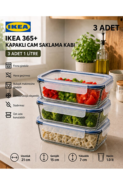 IKEA TREV 3 Adet 1 LT Cam Saklama Kabı Vakumlu Sızdırmaz Hava Geçirmez Plasti...