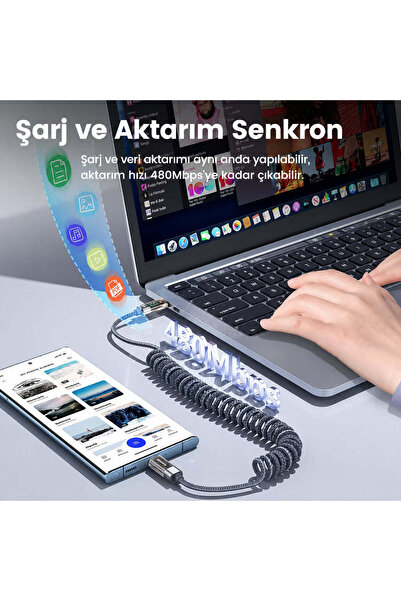 Toocki TXC-60C2 100W Dijital Type-C to Type-C Yaylı Örgülü Kablo 1,8 Metre