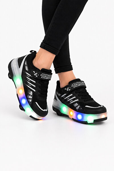 Jagulep Patenli Işıklı Tekerlekli Spor Sneaker Paten Ayakkabı SİYAH-BEYAZ