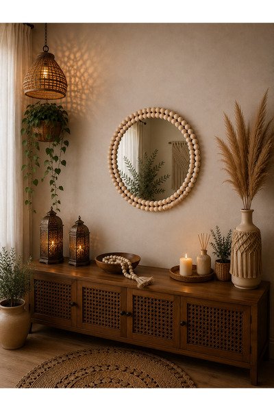 BOHEM Doğal Ahşap Boncuklu Ayna Yuvarlak Dekoratif Duvar Aynası Boho Ev Dekor...