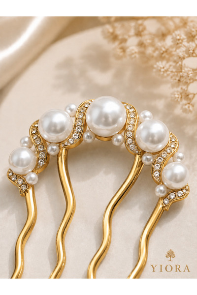 yiora Premium İnci ve Zirkon Taşlı Gold Tarak Toka – Gelin Nişan Topuz Saç Aksesuarı