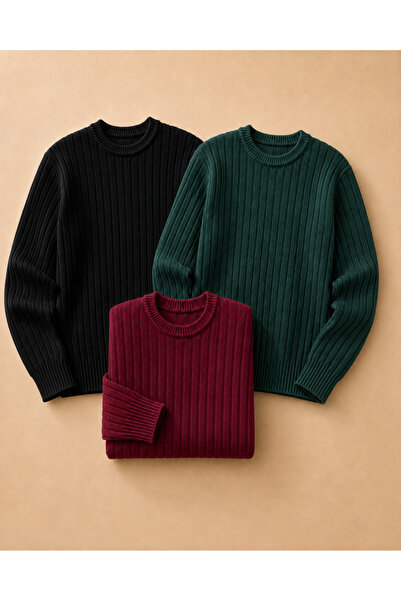 OTAKU Men's 3-Piece Casual Crew Neck Ribbed Knit Sweater