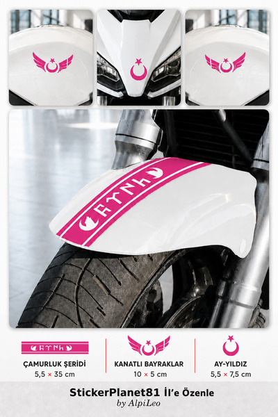 AlpiLeo Motorcycle Fender Sticker Set – Turkish Written Stripe, Winged Moon S...