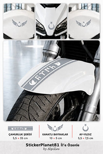 AlpiLeo Motorcycle Fender Sticker Set – Turkish Written Stripe, Winged Moon S...