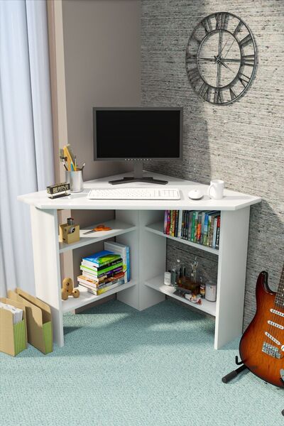 QUATTRO HOME Beyaz L Tipi Köşe Çalışma Masası ve Raflı Bilgisayar Masası