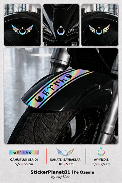 AlpiLeo Motorcycle Fender Sticker Set – Turkish Written Stripe, Winged Moon S...