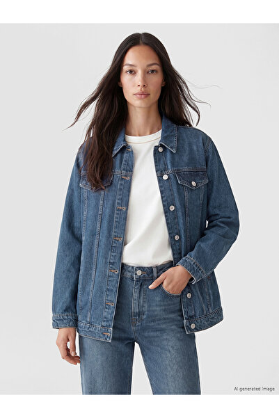 LC Waikiki Mavi Gömlek Yaka Oversize Kadın Jean Ceket