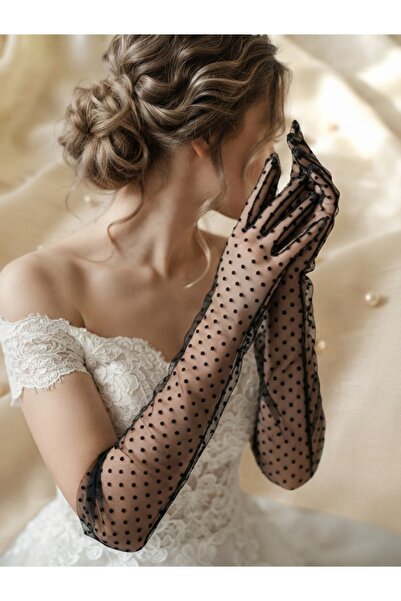 Esram Butik Black Long Polka Dot Transparent Tulle Bridal Gloves, Wedding, En...