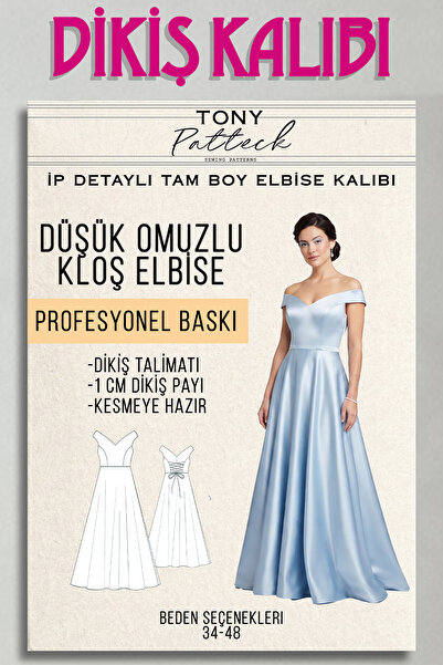 Tony Patteck Düşük Omuzlu Kloş İp Detaylı Tam Boy Elbise (EL17)- Hazır Dikiş ...