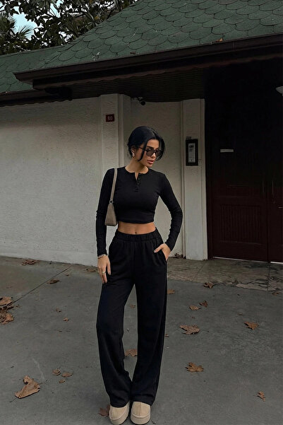 Eyyo Kadın Uzun Kollu Düğme Detaylı Crop Bluz Beli Lastikli Pantolon Takım