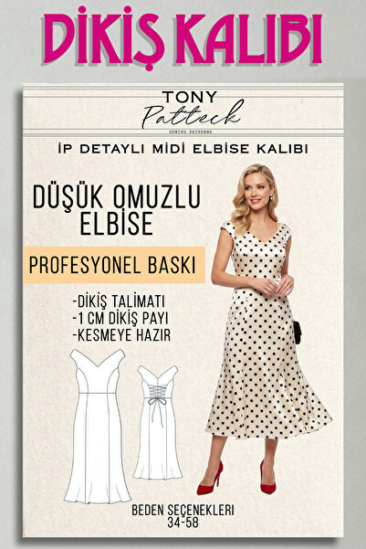 Tony Patteck Düşük Omuzlu İp Detaylı Midi Elbise (EL15) - Hazır Dikiş Kalıbı ...