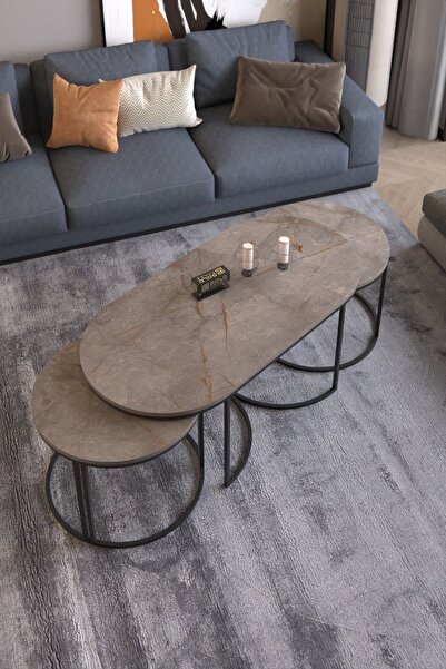 QUATTRO HOME Gri 3'lü Oval Sehpa Seti