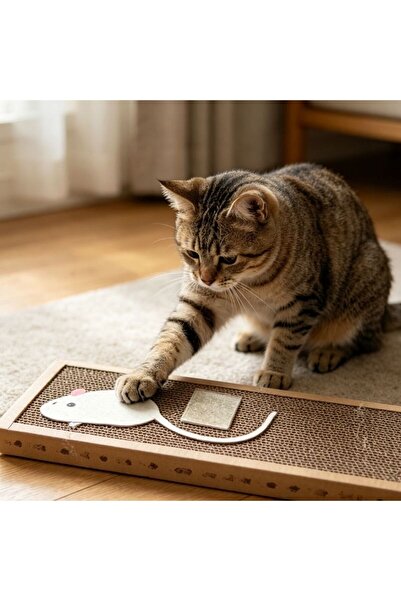 idei Flat cardboard cat scratcher, with mouse toy and cat grass, dimensions 3...